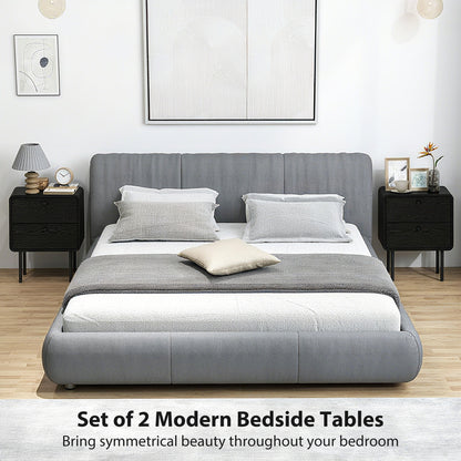 Modern Bedside Tables Set of 2, 2 Pieces Nightstands with 2 Storage Drawers and Steel Legs for Bedroom, Black Wood Grain