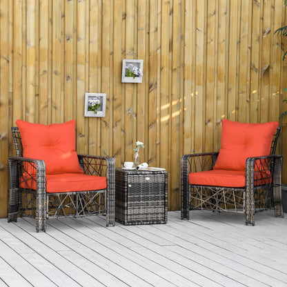 3 Pieces Wicker Patio Furniture Set, Rattan Bistro Set with Storage Coffee Table and Thickened Cushions, Outdoor Conversation Set for Garden, Porch, Balcony, Red