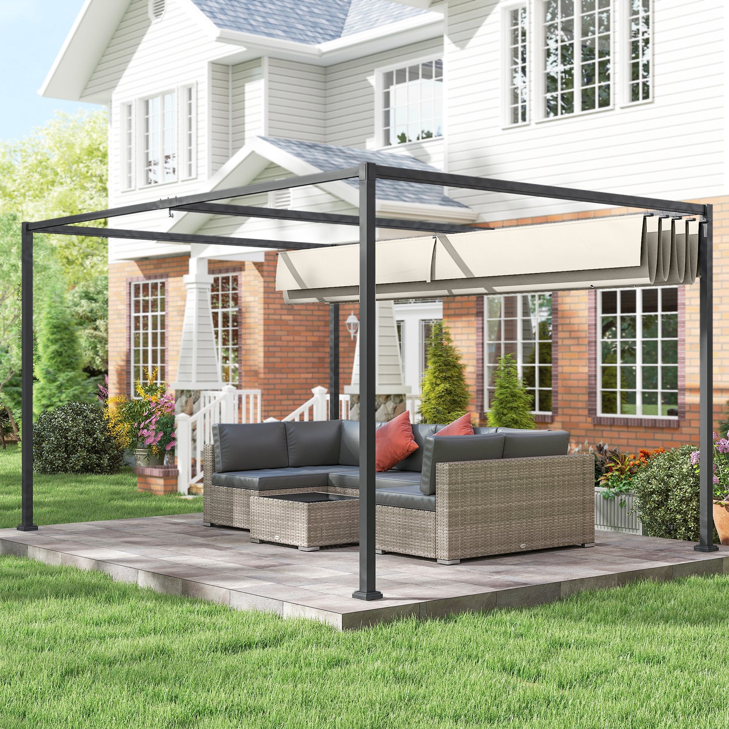 10' x 7' Patio Pergola with Retractable Canopy, Outdoor Sun Shelter, Yard Shade, Cream White