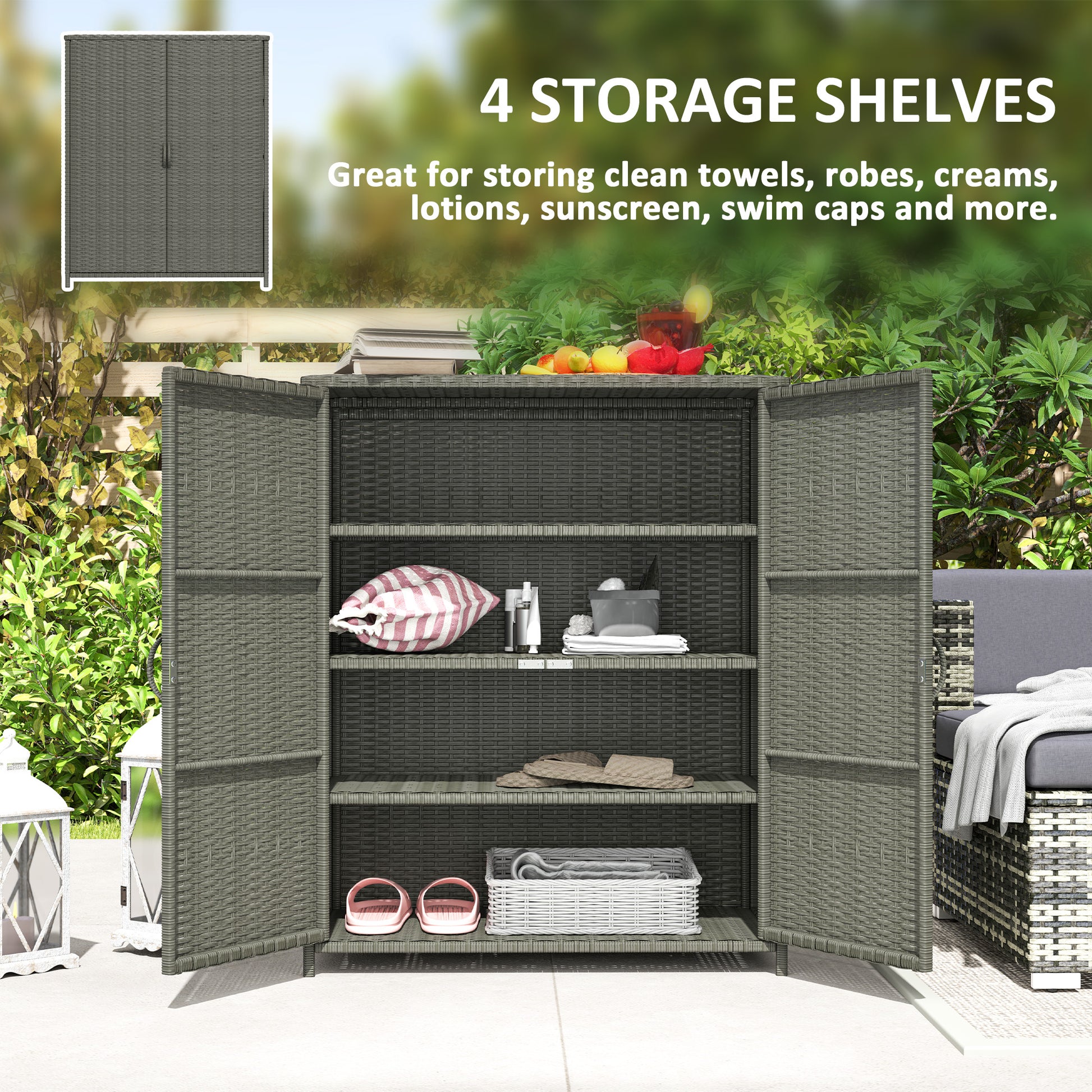 Wicker Outdoor Storage Cabinet, Pool Storage Organizer with 4 Shelves and 2 Doors for Garden, Backyard, Dark Grey