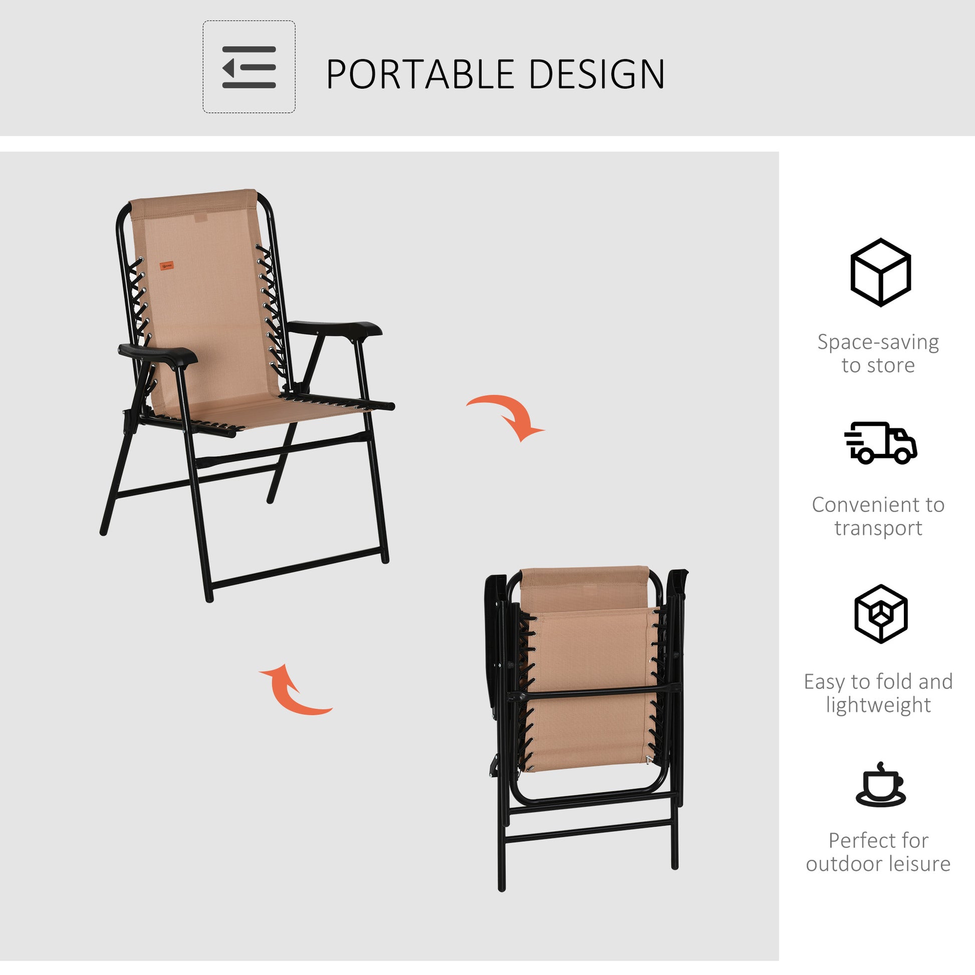 Outdoor Folding Chair, Bungee Sling Foldable Patio Dining Chair with Armrests, Folding Lawn Chair for Camping, Garden, Pool, Beach, Backyard, Beige
