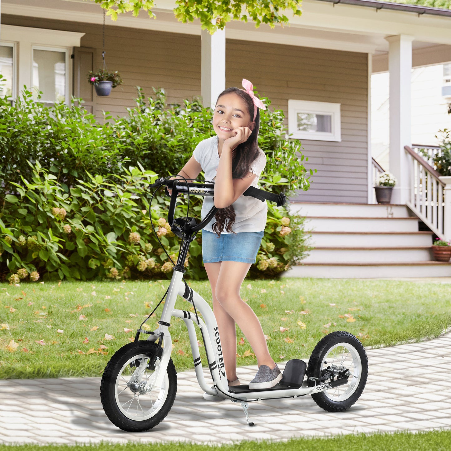 Aosom Dual Brakes Kick Scooter 12-Inch Inflatable Front Wheel Ride On Toy for Age 5+, White