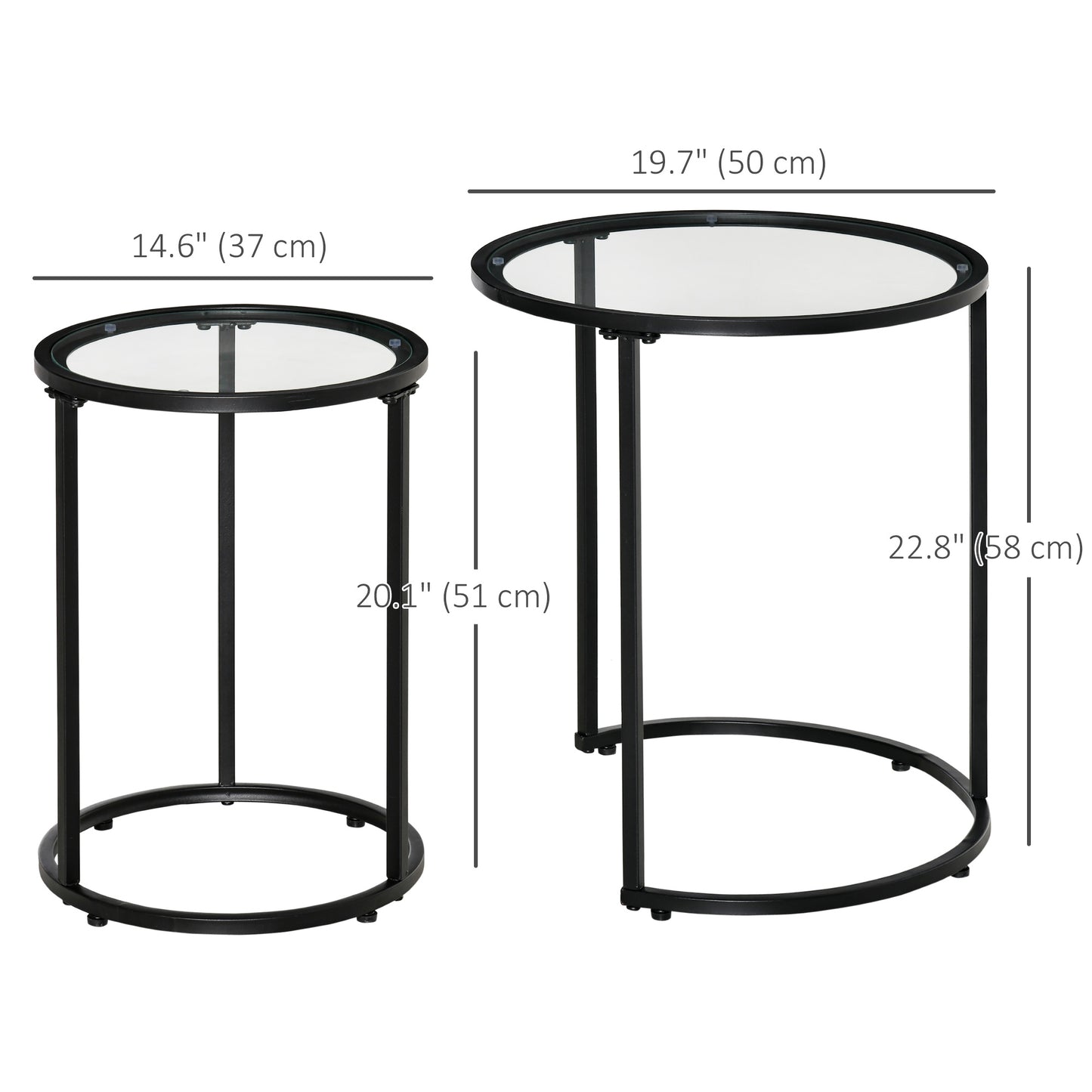 Set of 2 Nesting Coffee Tables with Metal Base, Round Side Table with Tempered Glass Tabletop for Living Room, Bedroom, Black