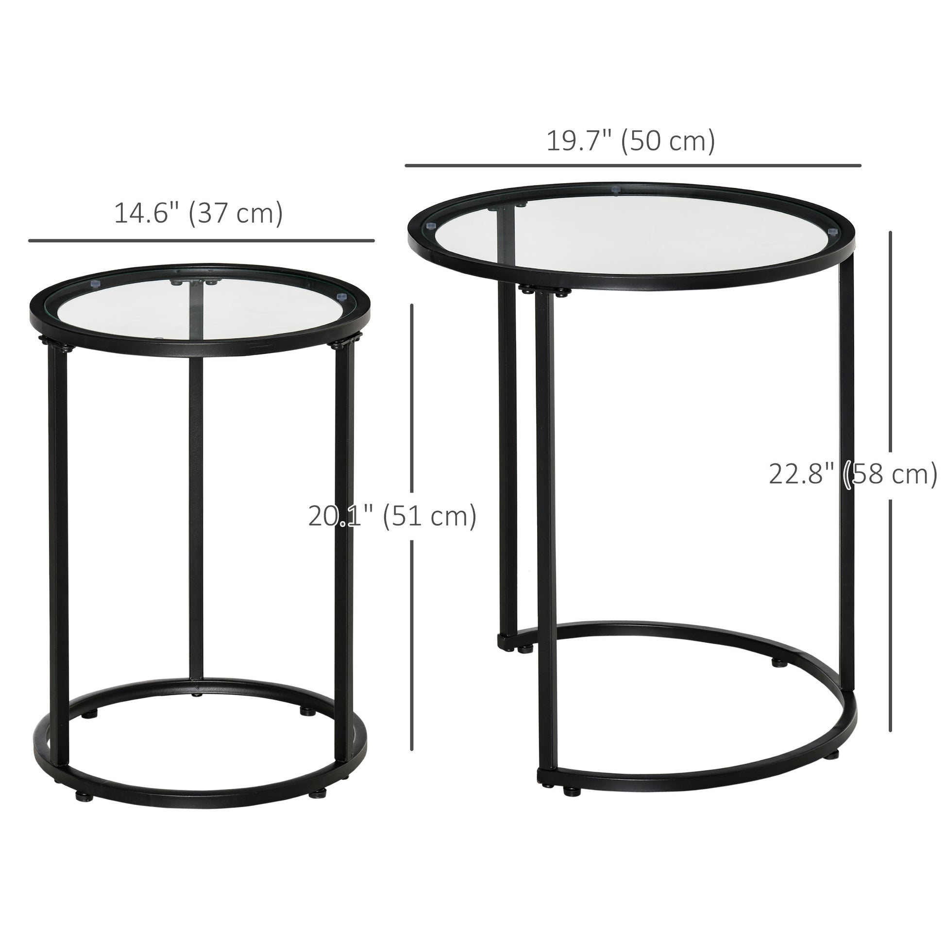 Set of 2 Nesting Coffee Tables with Metal Base, Round Side Table with Tempered Glass Tabletop for Living Room, Bedroom, Black