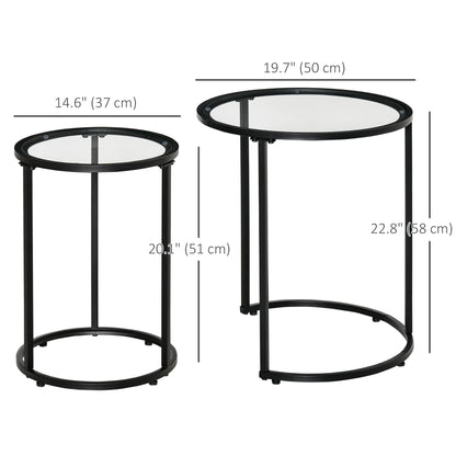 Set of 2 Nesting Coffee Tables with Metal Base, Round Side Table with Tempered Glass Tabletop for Living Room, Bedroom, Black