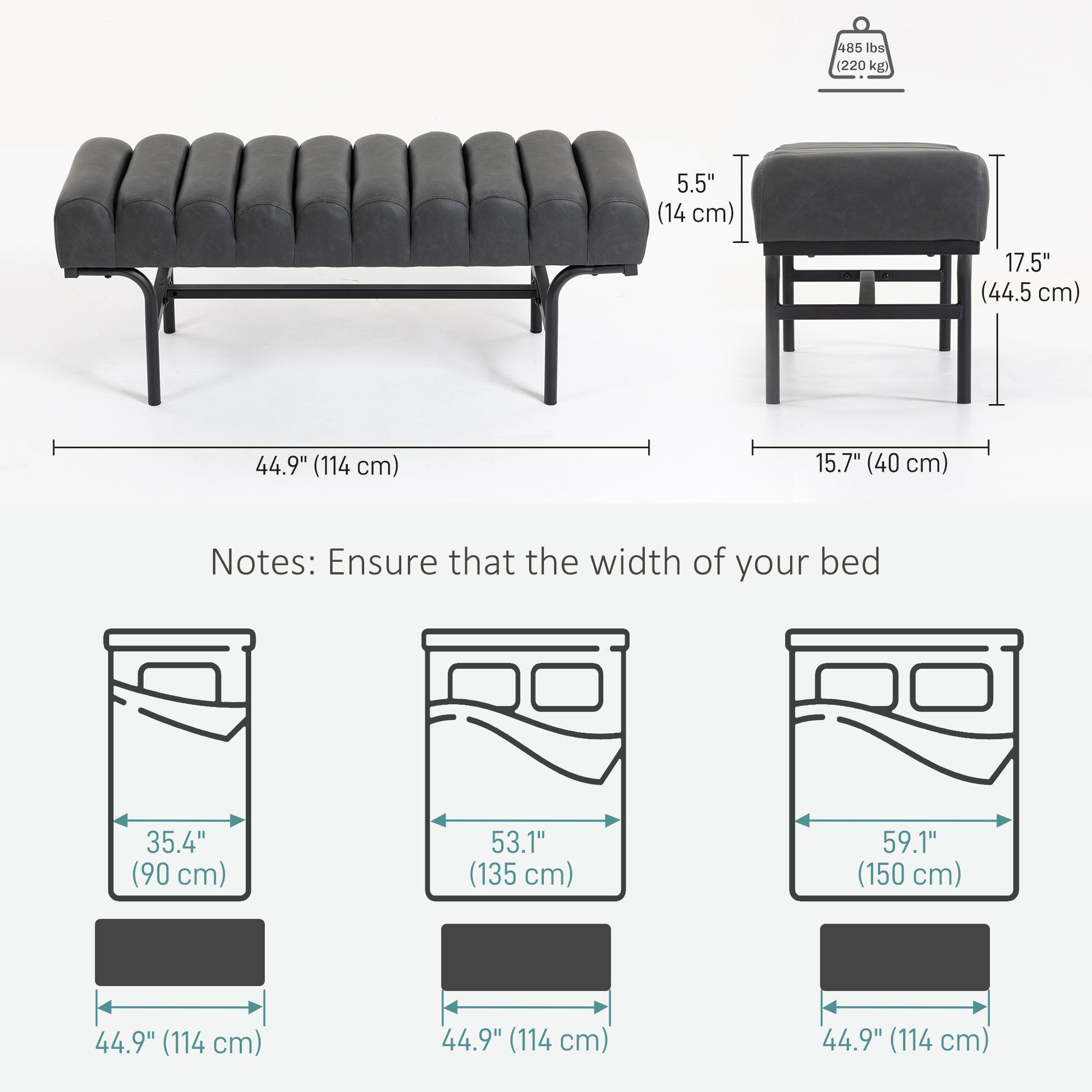 Bedroom Bench PU Leather End of Bed Bench with Cylindrical Seat and Metal Legs for Bedroom Living Room Hallway Black