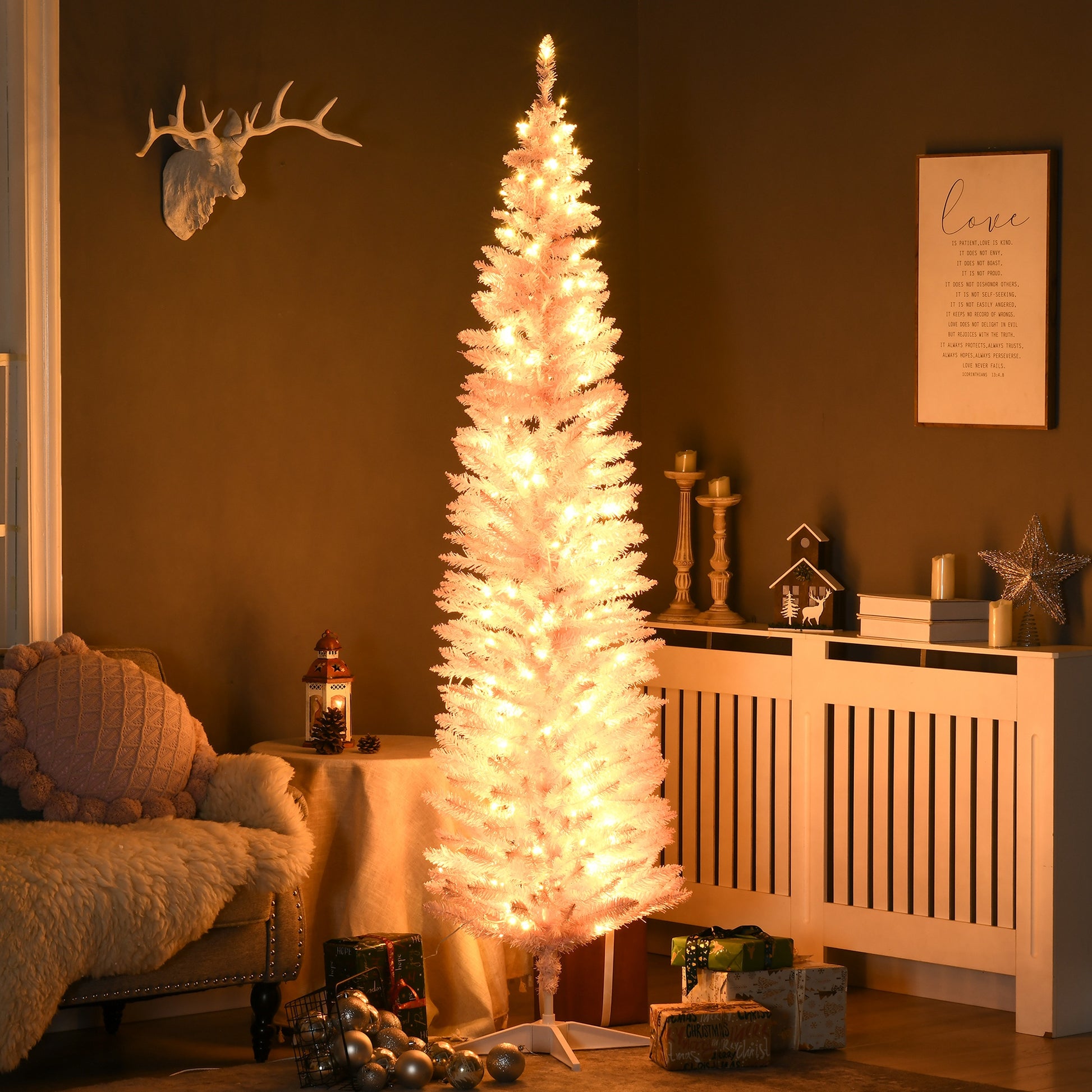 7' Pre Lit Artificial Pencil Christmas Trees, Xmas Tree with Realistic Branches and Warm White LED Lights, Pink