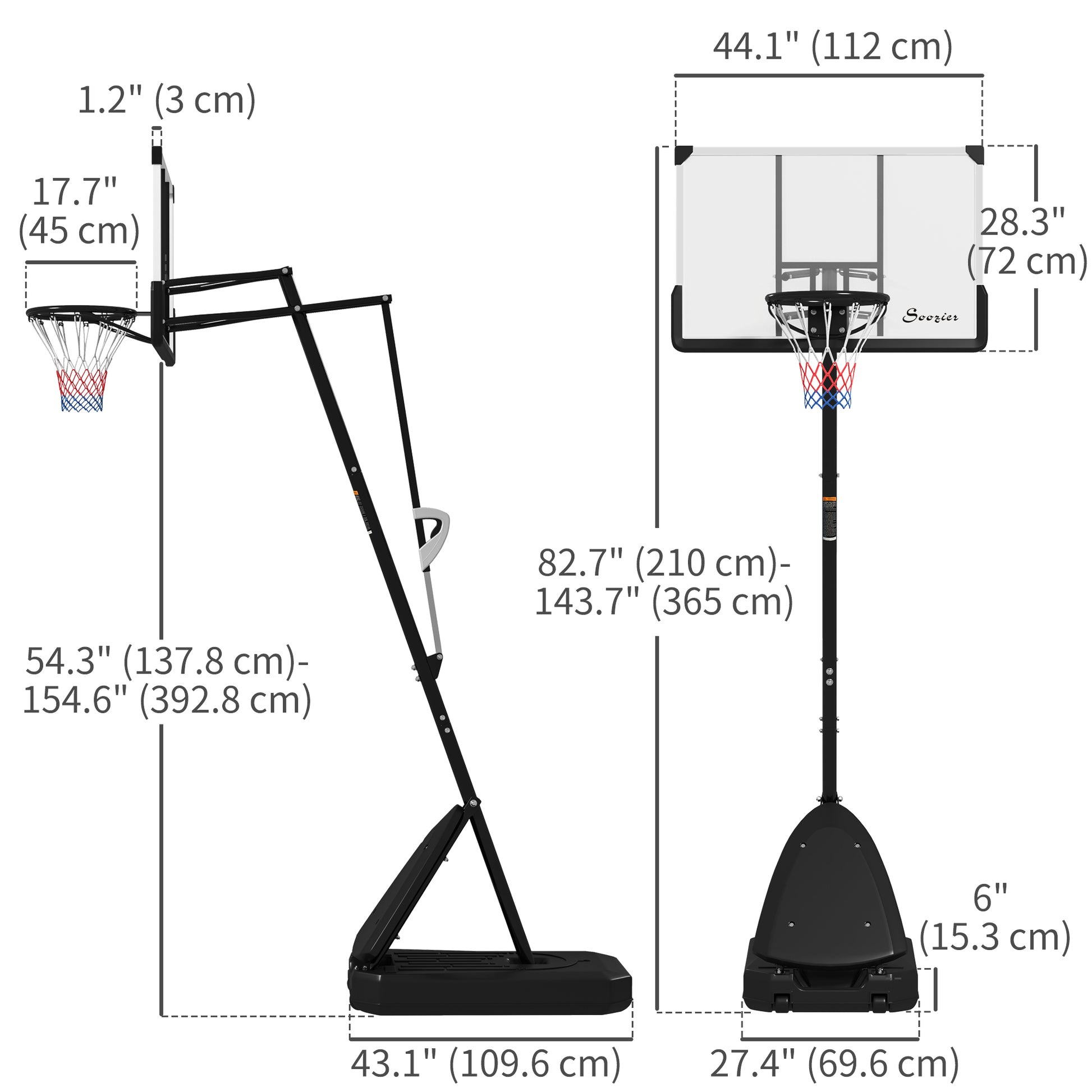 Soozier Basketball Hoop Outdoor, 4.9-10ft Portable Basketball Goal with 44" Shatterproof Backboard, Rebound System, Wheels