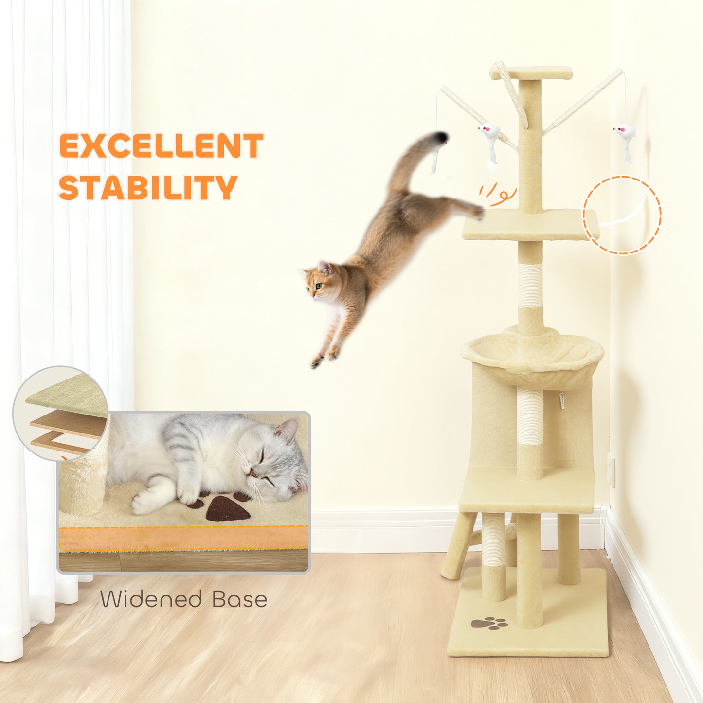 53" Cat Tree Tower, Kitten Activity Centre with Scratching Posts, Condo, Perches, Ladder, Hammock, Dangling Toys, Beige