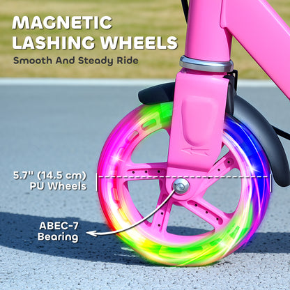 Qaba Scooter for Kids Ages 3-8 with Light Up Wheels, Adjustable Handlebar, Rear Brake & Handbrake for Girls and Boys, Pink