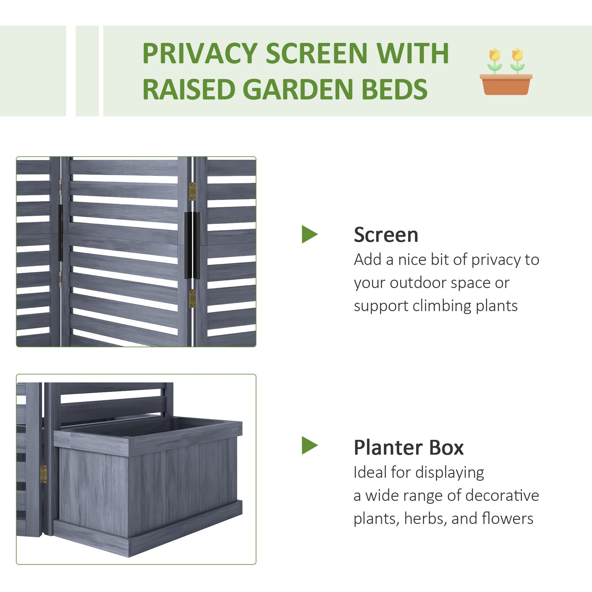Outdoor Privacy Screen Wood Privacy Panel with 4 Planter Boxes, Raised Bed with 3 Panels, Drainage Holes