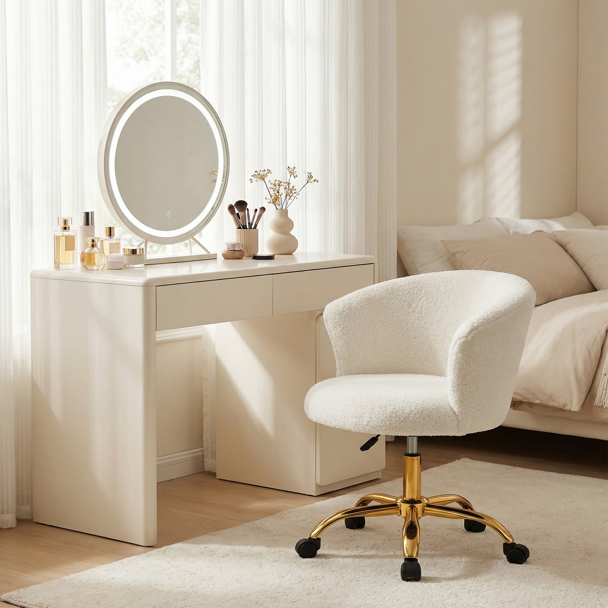 Armless Office Chair, Fluffy Computer Desk Chair with Adjustable Height, Swivel Wheels, Mid Back, Gold