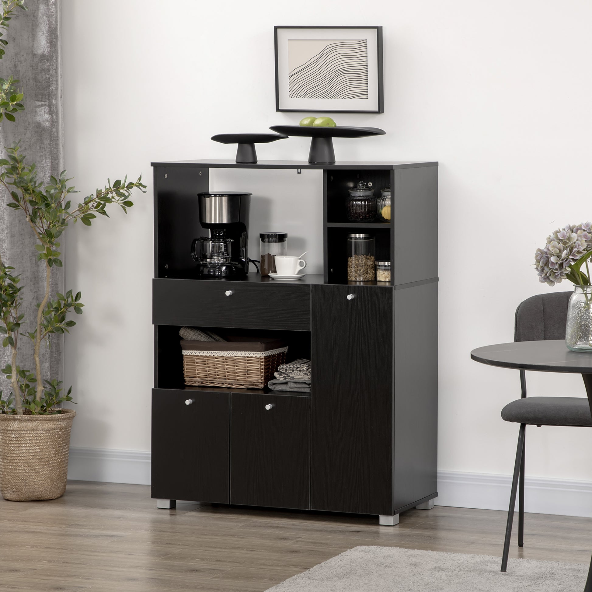 Compact Kitchen Pantry Buffet Server Hutch Storage Cabinet with Microwave Oven Stand Drawer and Shelves, Black