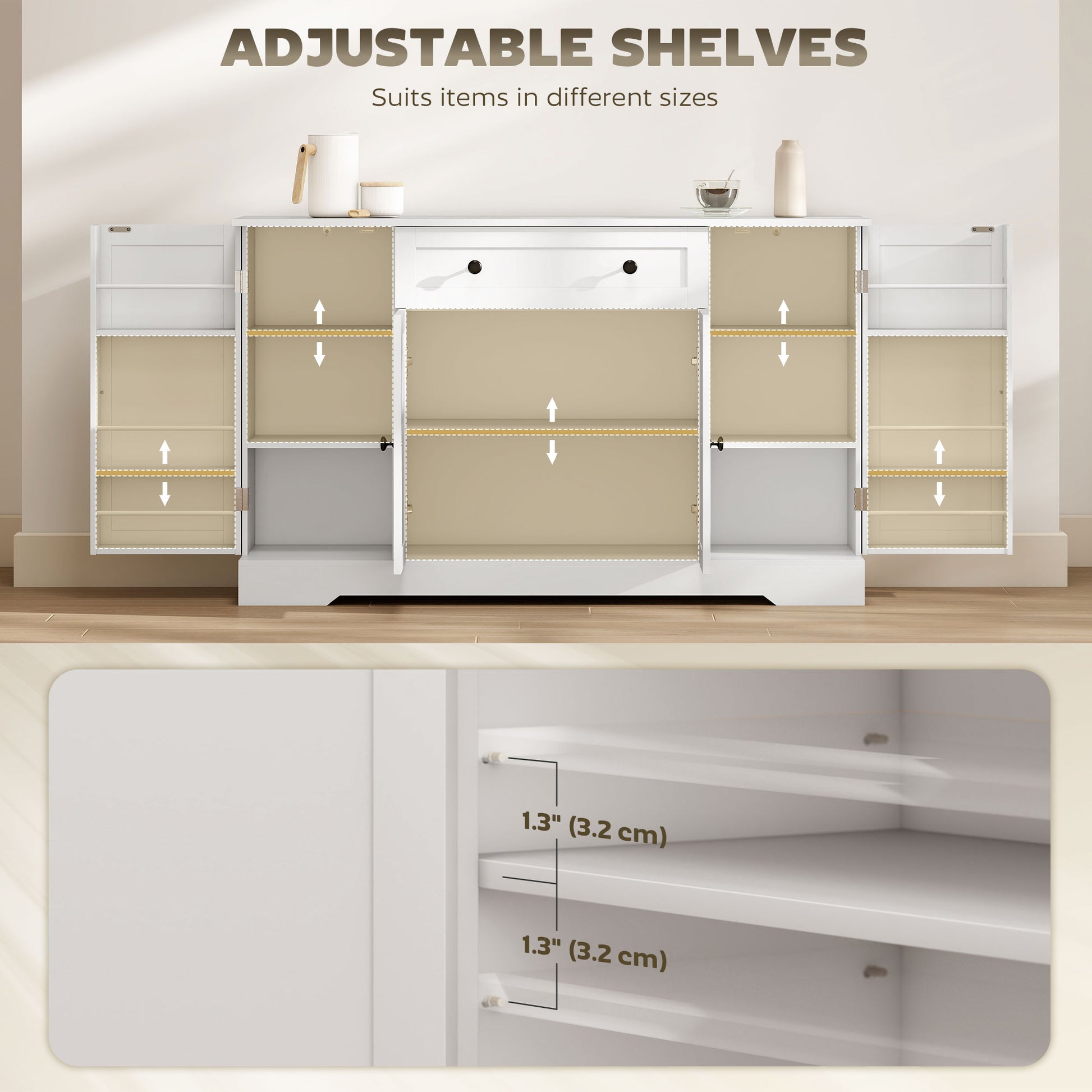 Sideboard Buffet Cabinet, Farmhouse Coffee Bar Cabinet with Door Shelves, Adjustable Shelves, Drawer, Barn Doors, White