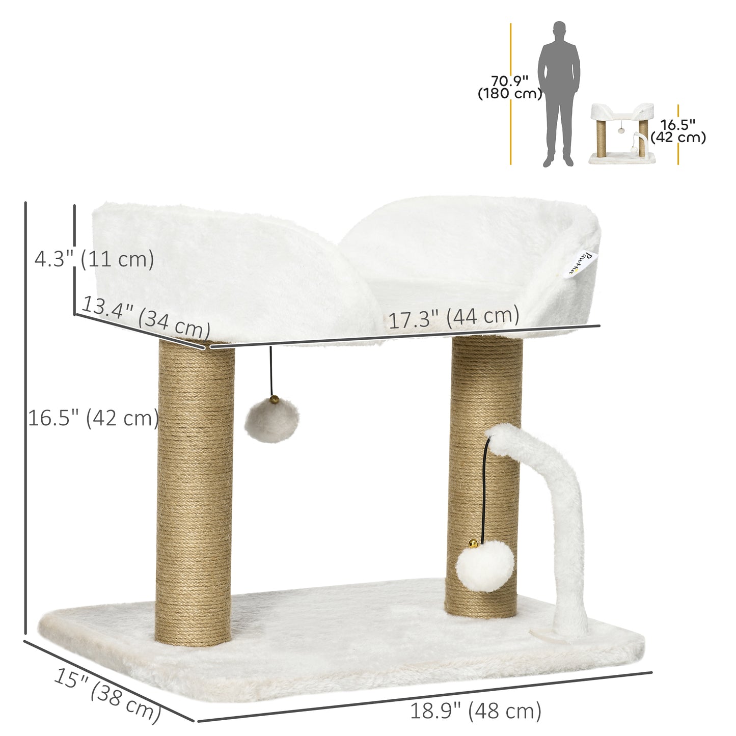 Cat Tower Condo for Indoor Cats, Small Cat Tree with Jute Scratching Posts, Top Perch, Dangling Balls, White