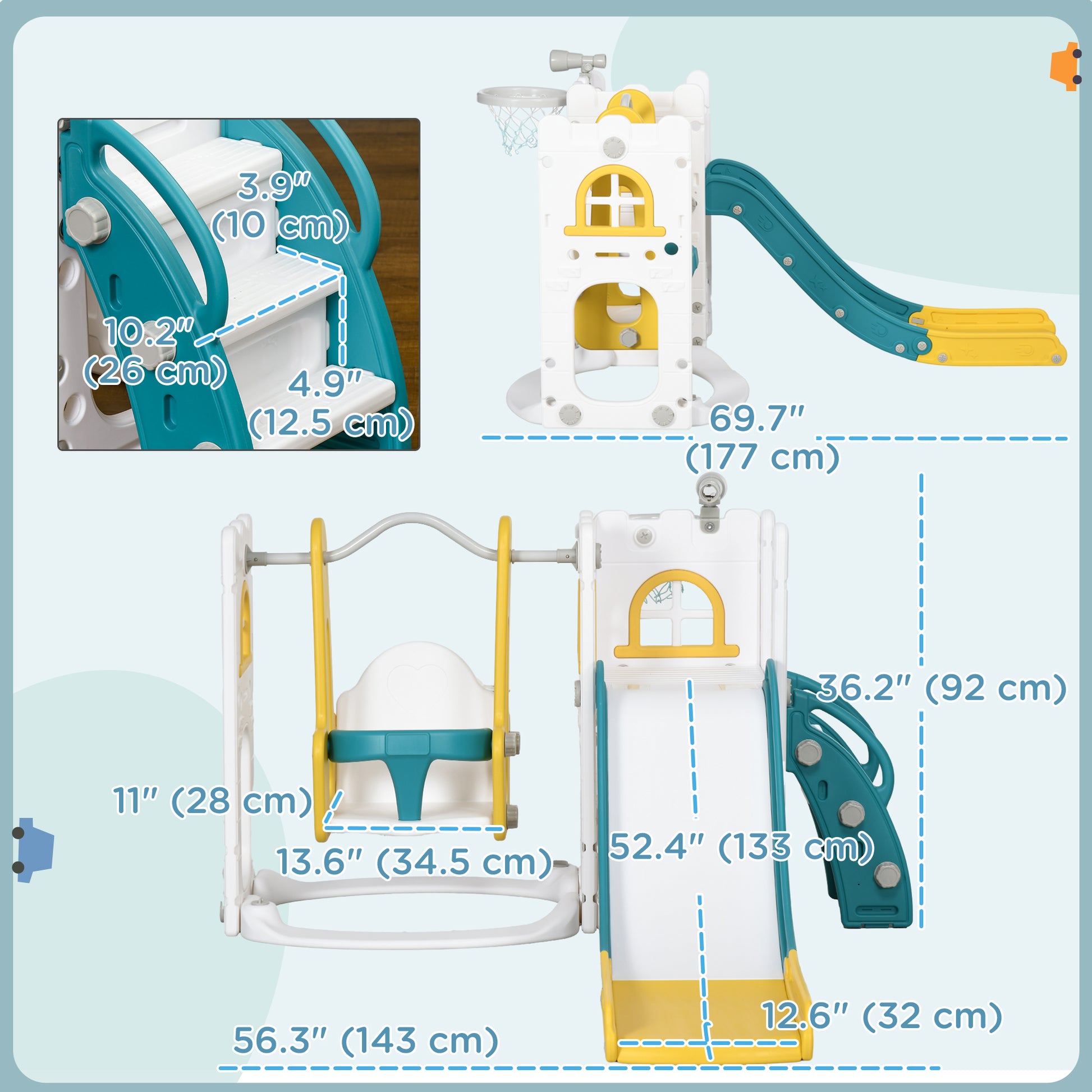 Qaba 6-in-1 Slide and Swing Set Baby Swing Playset Indoor with Basketball Hoop, Climber, Storage Space, Telescope, Yellow