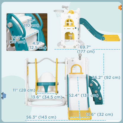 Qaba 6-in-1 Slide and Swing Set Baby Swing Playset Indoor with Basketball Hoop, Climber, Storage Space, Telescope, Yellow