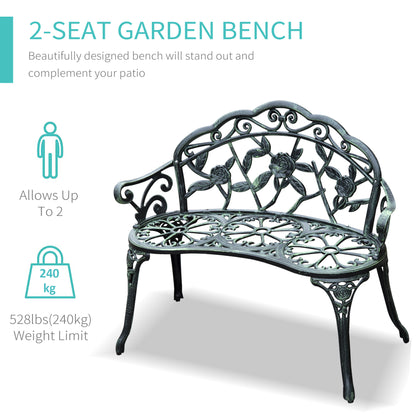 40" Outdoor Garden Bench, Cast Aluminum Antique Rose Style Patio Garden Park Loveseat Bench for Backyard, Porch, Balcony, Lawn, Green