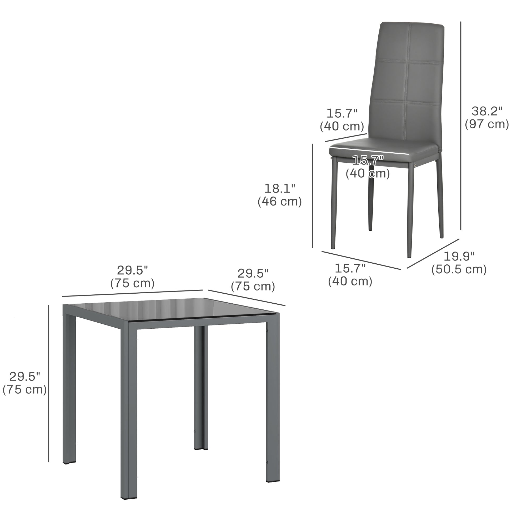 3-Piece Rectangular Glass Kitchen Table and Chairs with Metal Frame and Faux Leather Upholstery for Dining Room, Grey
