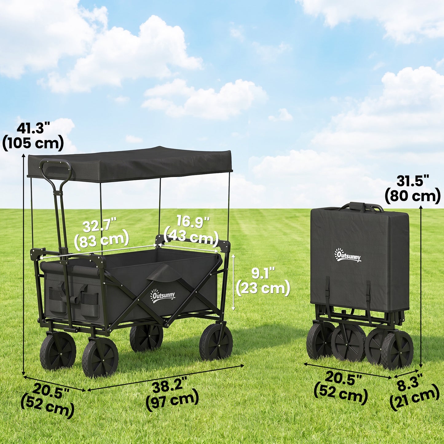 Steel Frame Folding Garden Cart, Collapsible Wagon Cart with Removable Canopy, Telescopic Handle and Carrying Bag