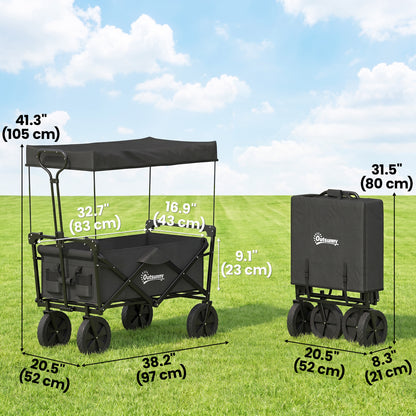 Steel Frame Folding Garden Cart, Collapsible Wagon Cart with Removable Canopy, Telescopic Handle and Carrying Bag
