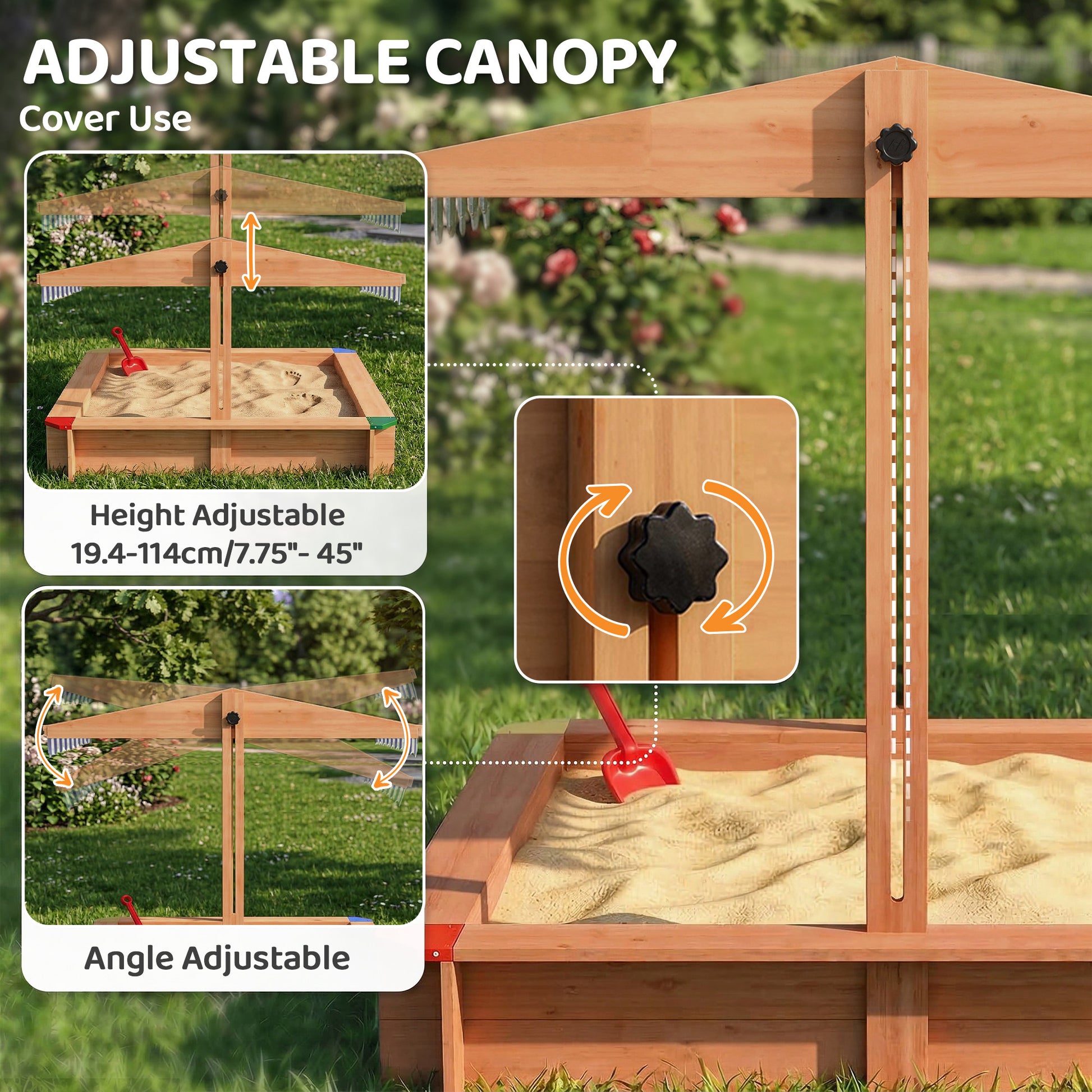 Wooden Sandbox with Cover, Kids Sandbox Outdoor with Adjustable Canopy and Seats for Backyard, Beach, Dark Brown