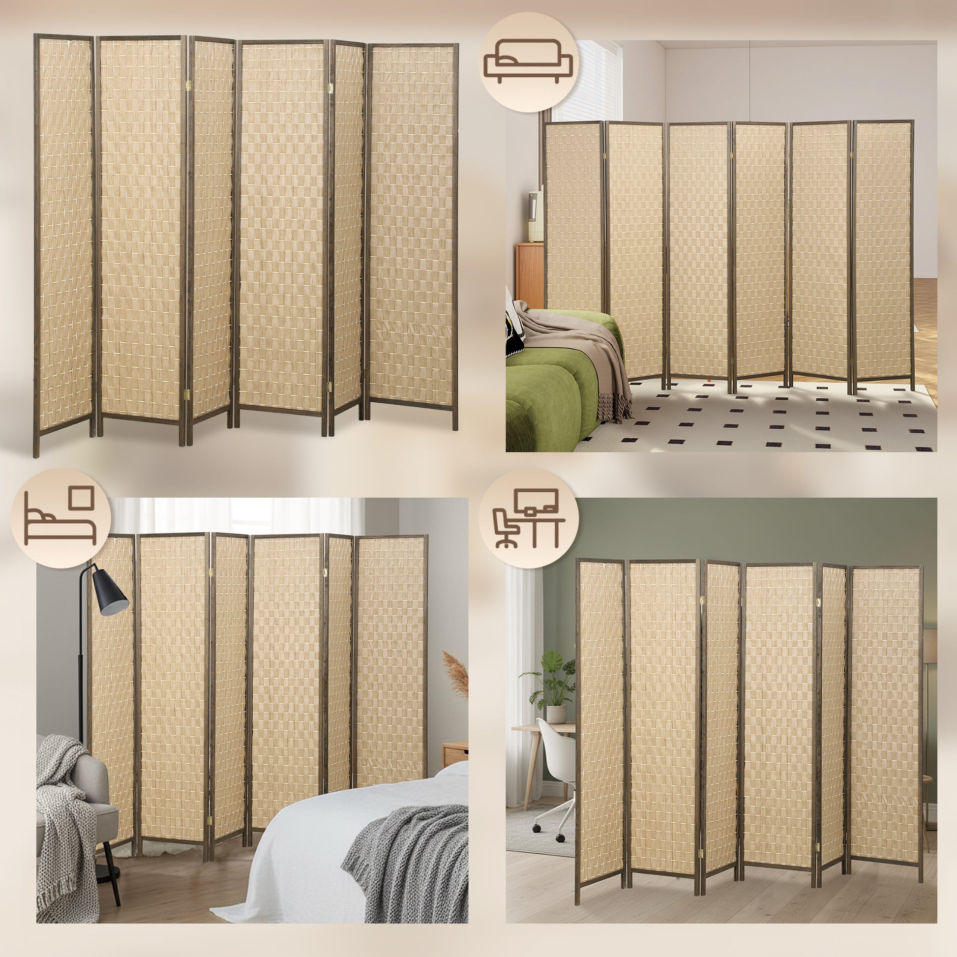 6 FT Room Divider, 6 Panel Folding Privacy Screen, Lightweight Handwoven Freestanding Partition for Home Office, Brown