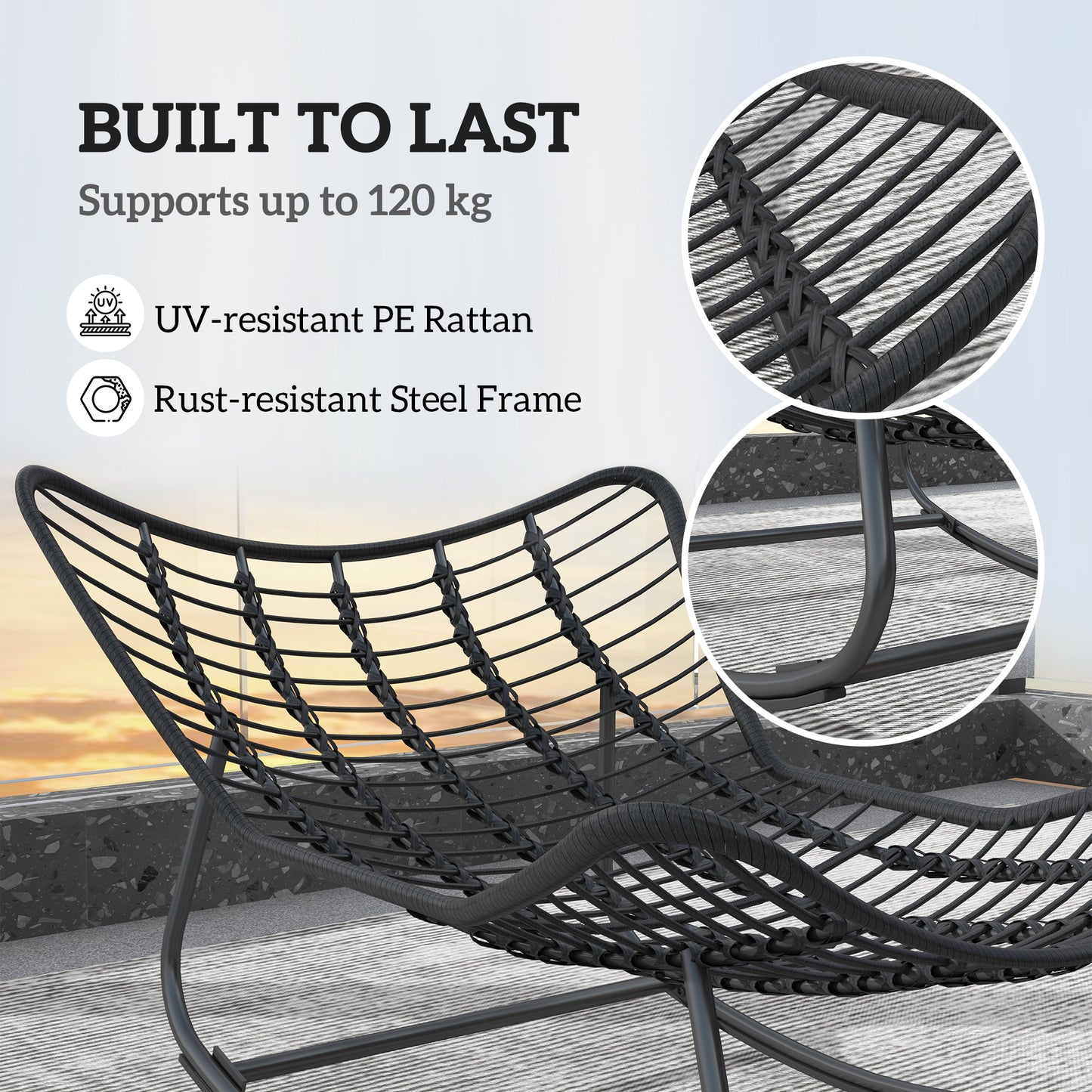 Outdoor Rocking Chair, Oversized Patio Egg Chair with Padded Cushion, Rattan Wicker for Indoor, Backyard, Dark Grey