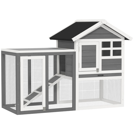 49" Weatherproof Wooden Rabbit Hutch With Slant Roof And Screened Outdoor Run, Grey
