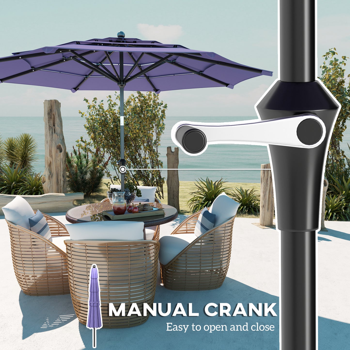 10.7FT Patio Umbrella with 8 Ribs, Crank, Push Button Tilt, Air Vents, for Backyard, Deck and Lawn, Purple