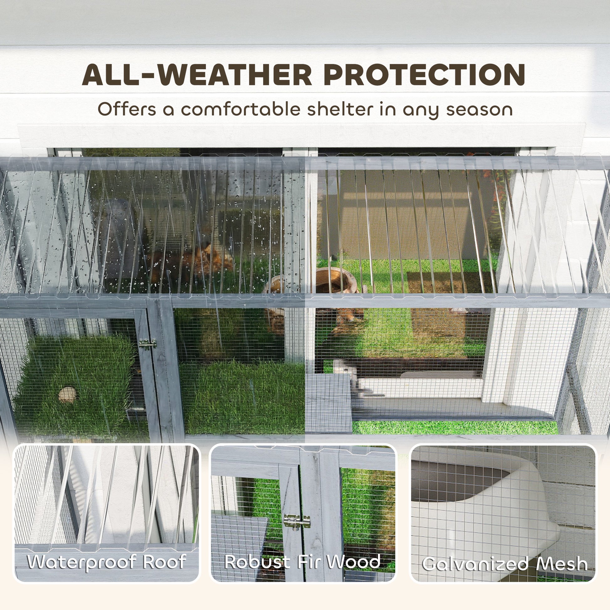 Catio Outdoor Cat Enclosure, 77" H Wooden Cat House with Weatherproof Roof, Platforms and Scratching Post