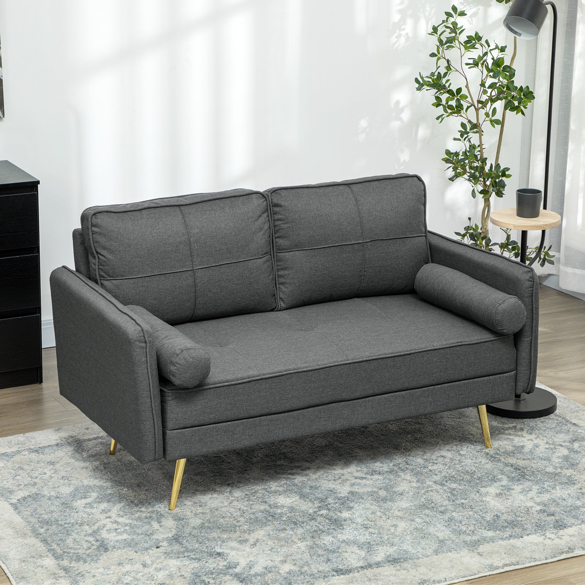 56" Loveseat Sofa for Bedroom Upholstered 2 Seater Couch with Back Cushions and Pillows, Dark Grey