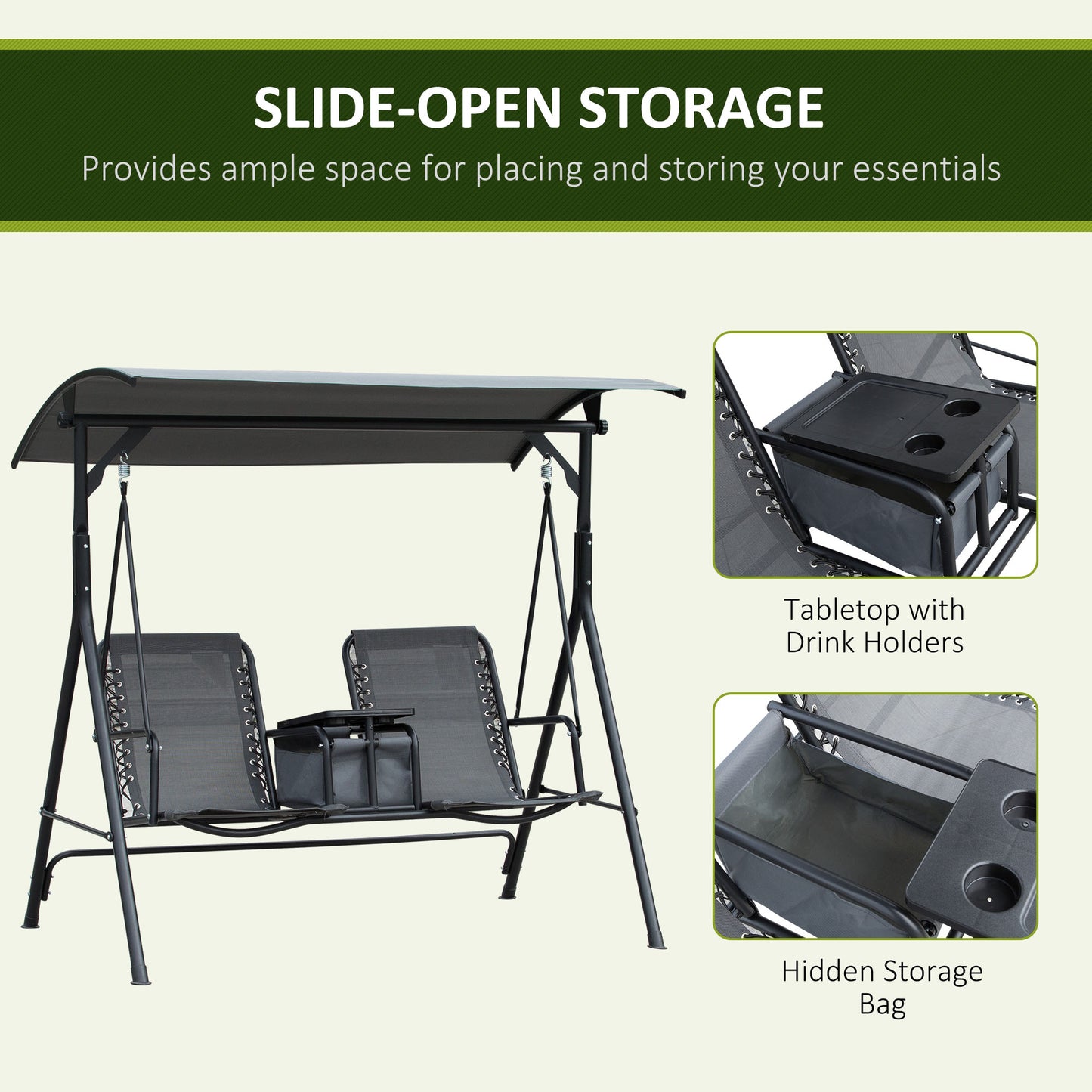 2 Person Covered Porch Swing Patio Swing with Pivot Storage Table, Cup Holder, & Adjustable Overhead Canopy, Grey