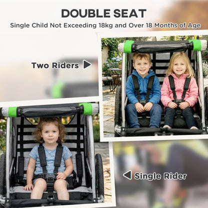 Aosom 3-in-1 Bike Trailer for Kids, Running Stroller with 2 Seats, Jogging Cart with 5-Point Harness, Storage Units, Green