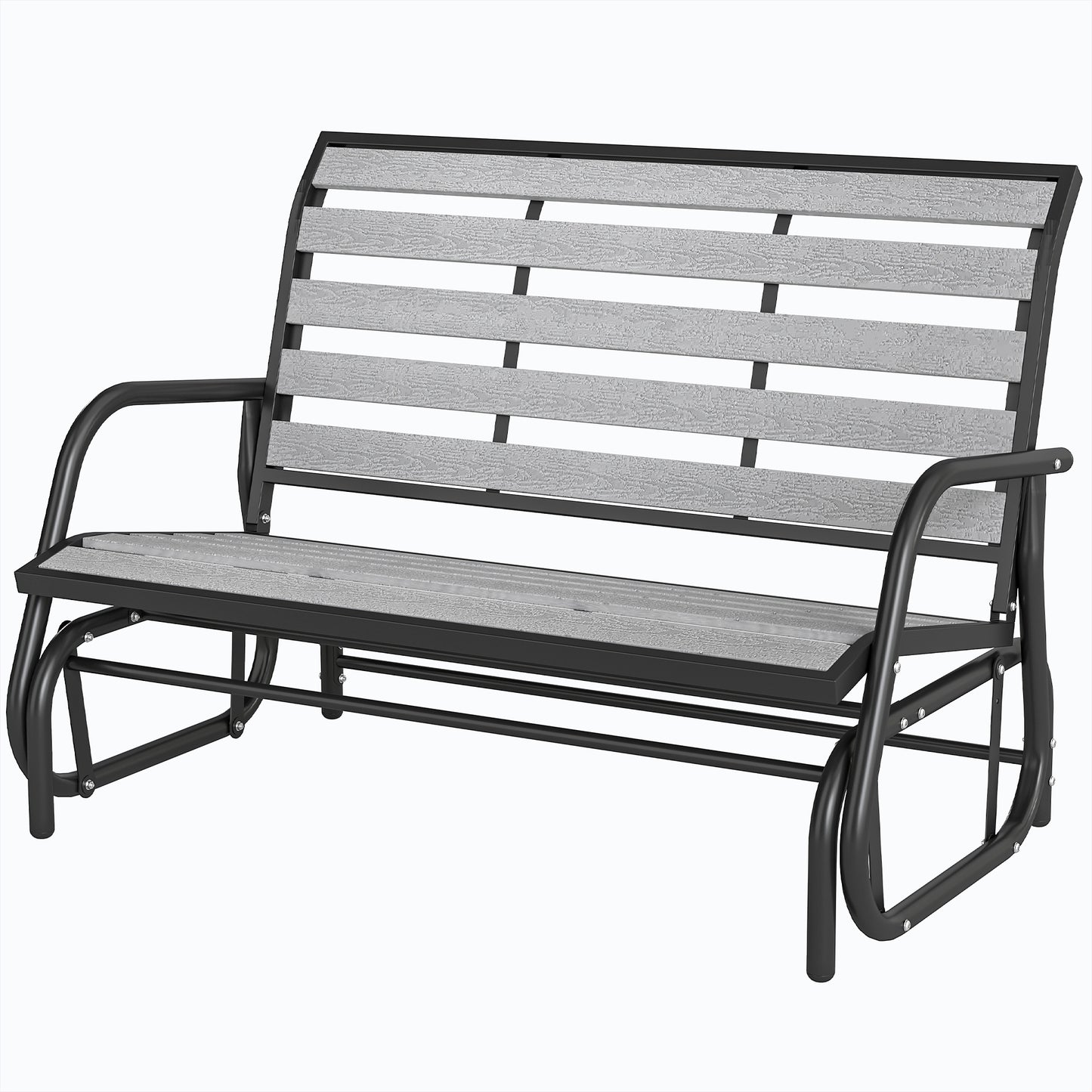 2 Person Outdoor Glider Bench, Patio Glider Loveseat with Faux Wood Slatted Seat and Back, Steel Frame, Grey