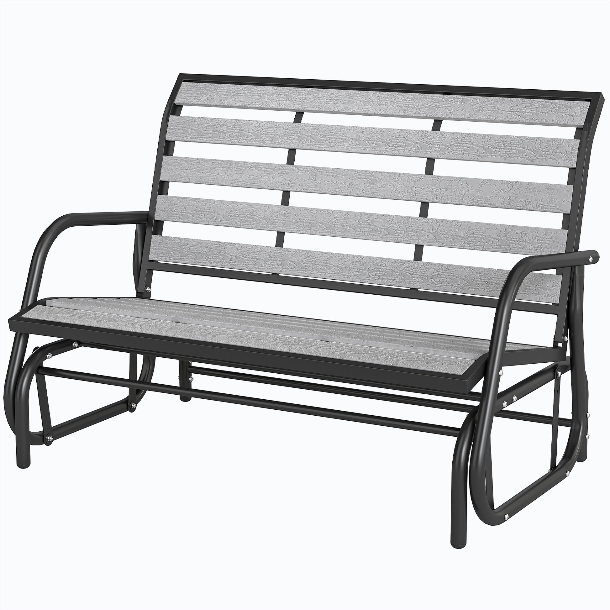 2 Person Outdoor Glider Bench, Patio Glider Loveseat with Faux Wood Slatted Seat and Back, Steel Frame, Grey