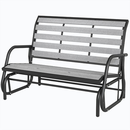 2 Person Outdoor Glider Bench, Patio Glider Loveseat with Faux Wood Slatted Seat and Back, Steel Frame, Grey