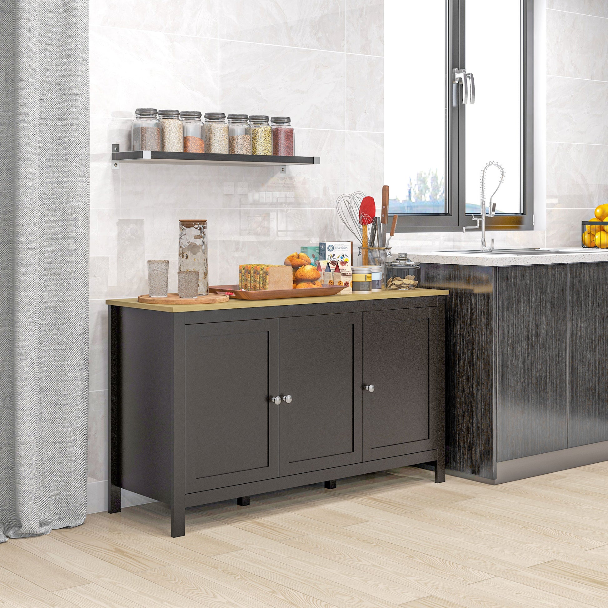 Sideboard, Buffet Cabinet with Doors and Adjustable Shelves for Living Room, Entryway, Black and Natural