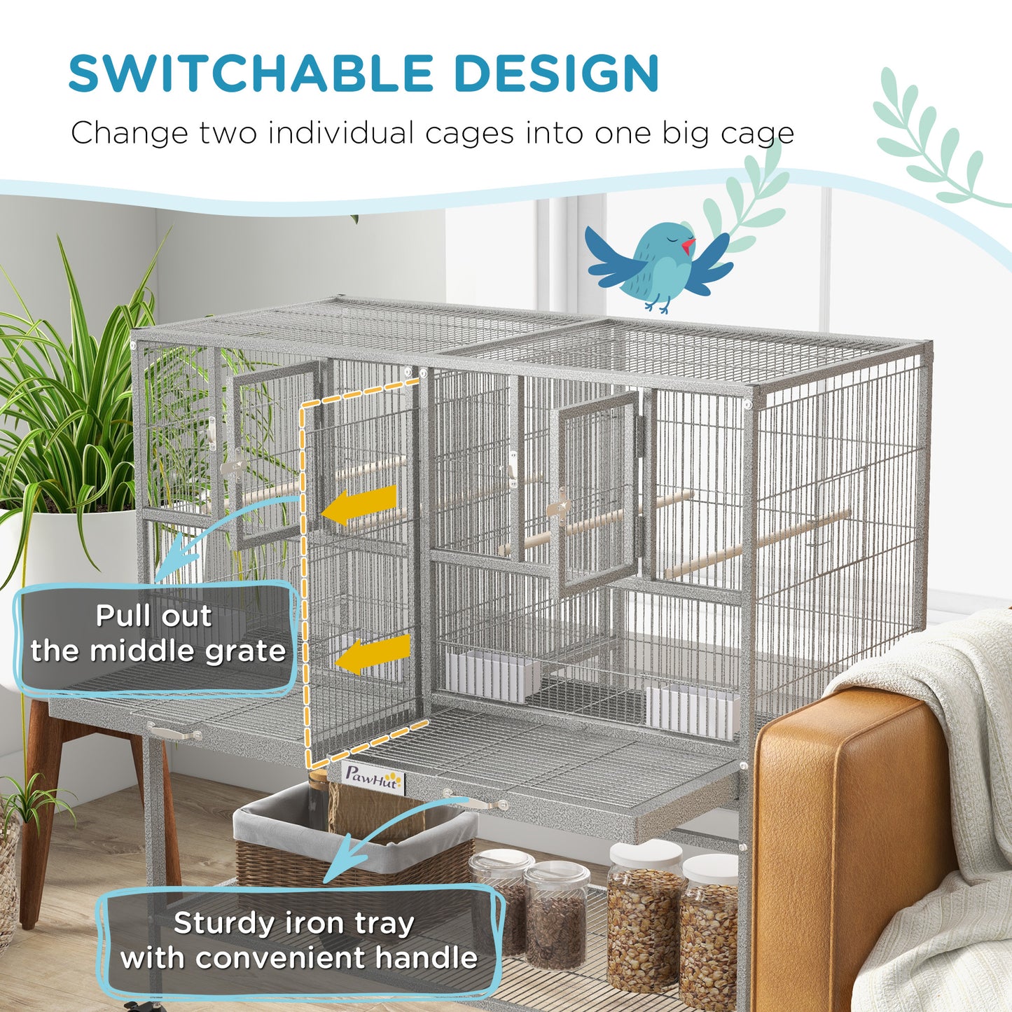 Large Double Rolling Metal Bird Cage Bird House w/ Removable Tray Storage Shelf