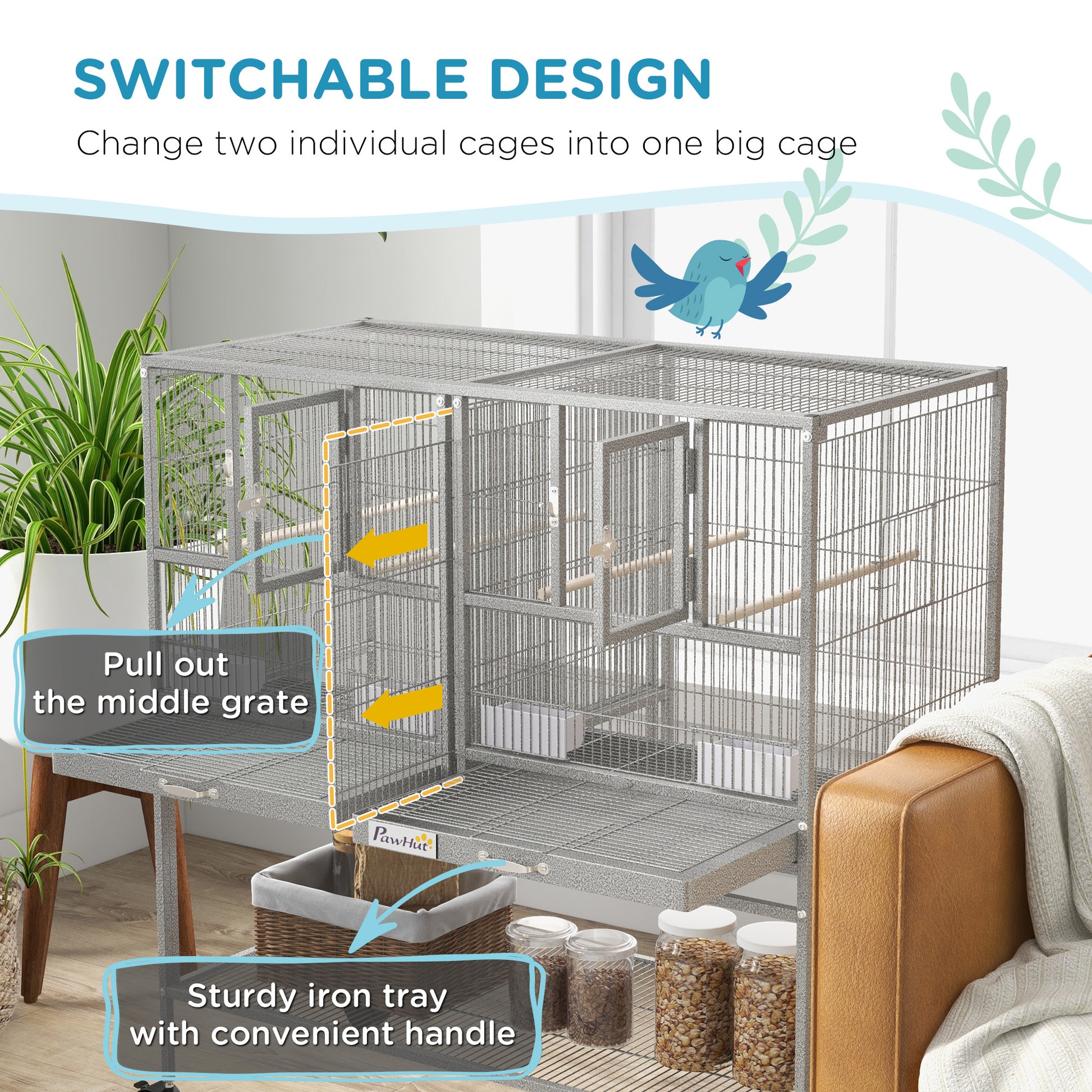 Large Double Rolling Metal Bird Cage Bird House w/ Removable Tray Storage Shelf