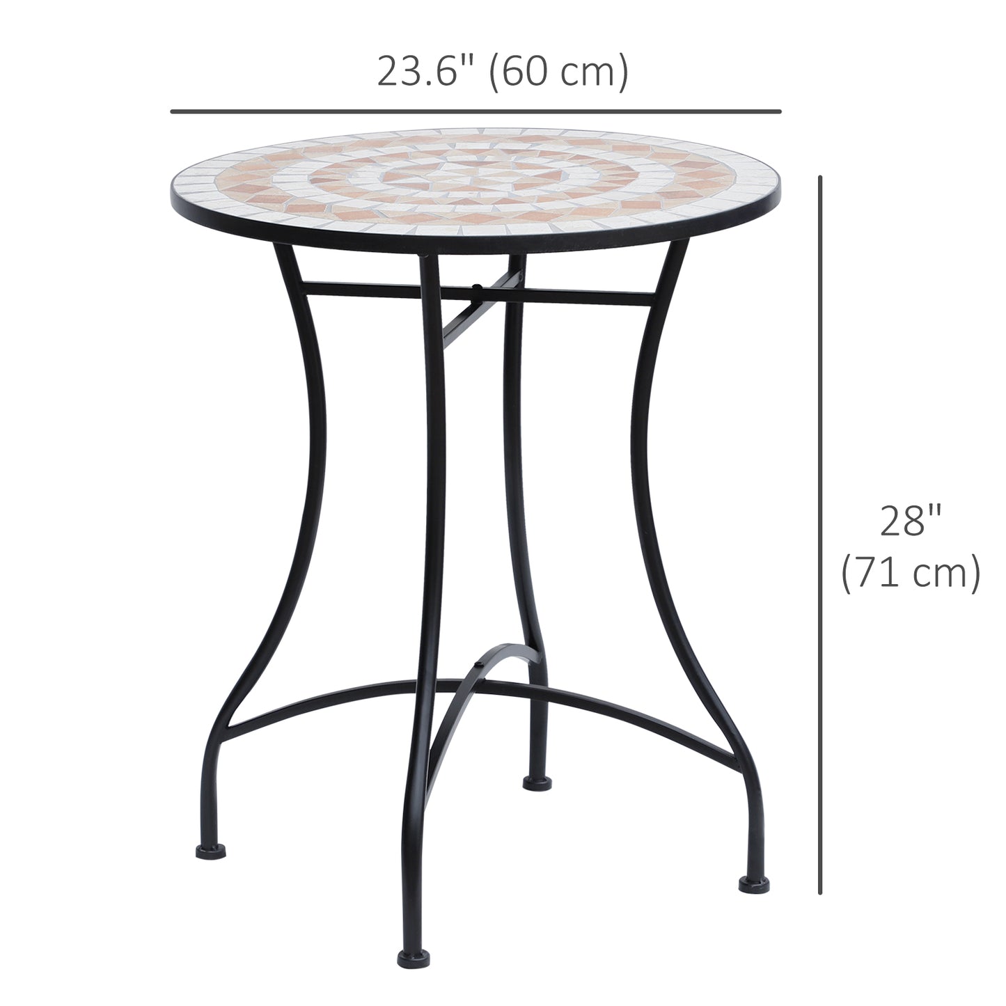 23.5" Mosaic Round Patio Table, Metal Side Bistro Coffee Table, Outdoor Furniture, Ceramic Tabletop for Garden Lawn