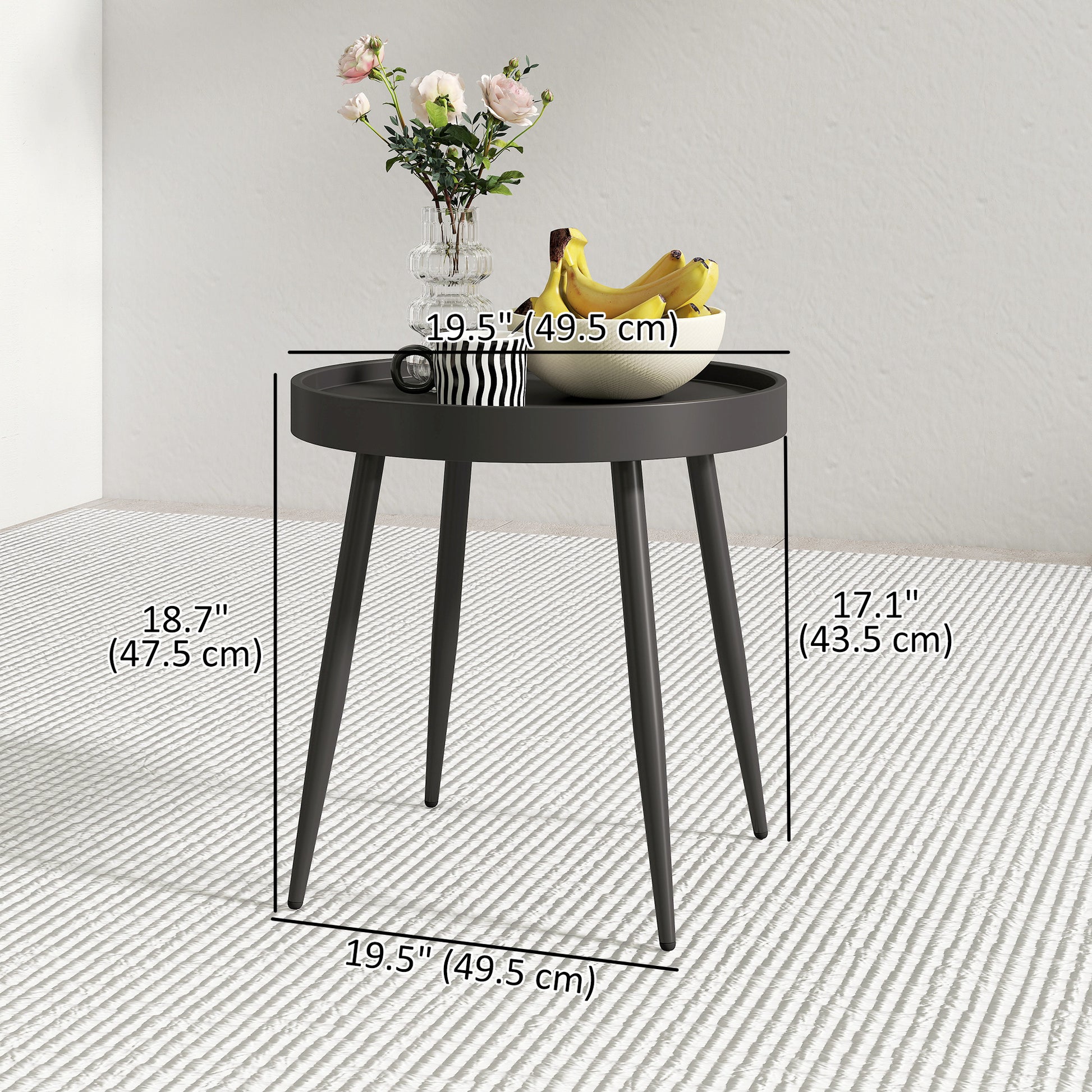 19.5" Round Patio Table, Small Outdoor Patio Coffee Side End Table with Plastic Tray-Style Top, Metal Legs, Black