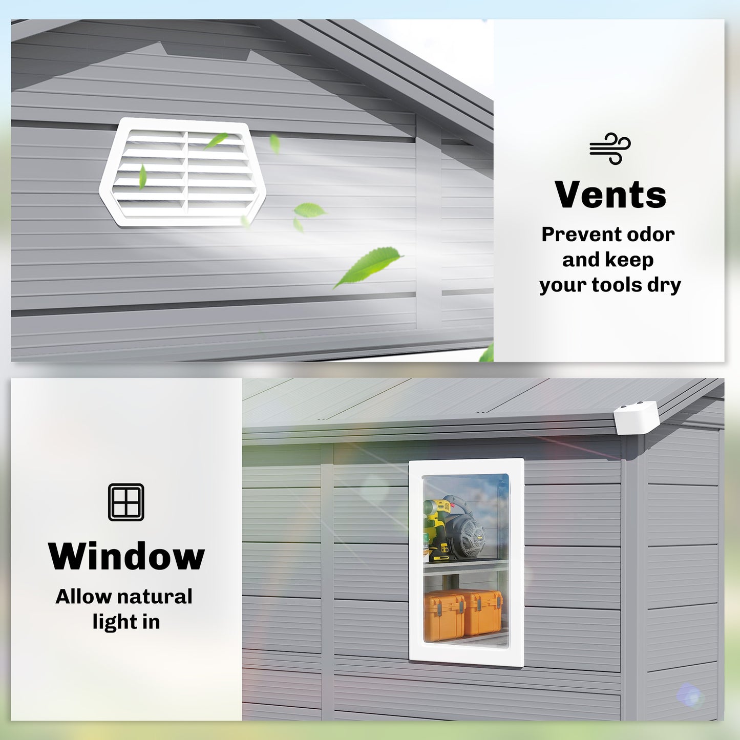 8' x 6' Plastic Garden Storage Shed with Latch Door, Vents, Sloped Roof, Dark Grey