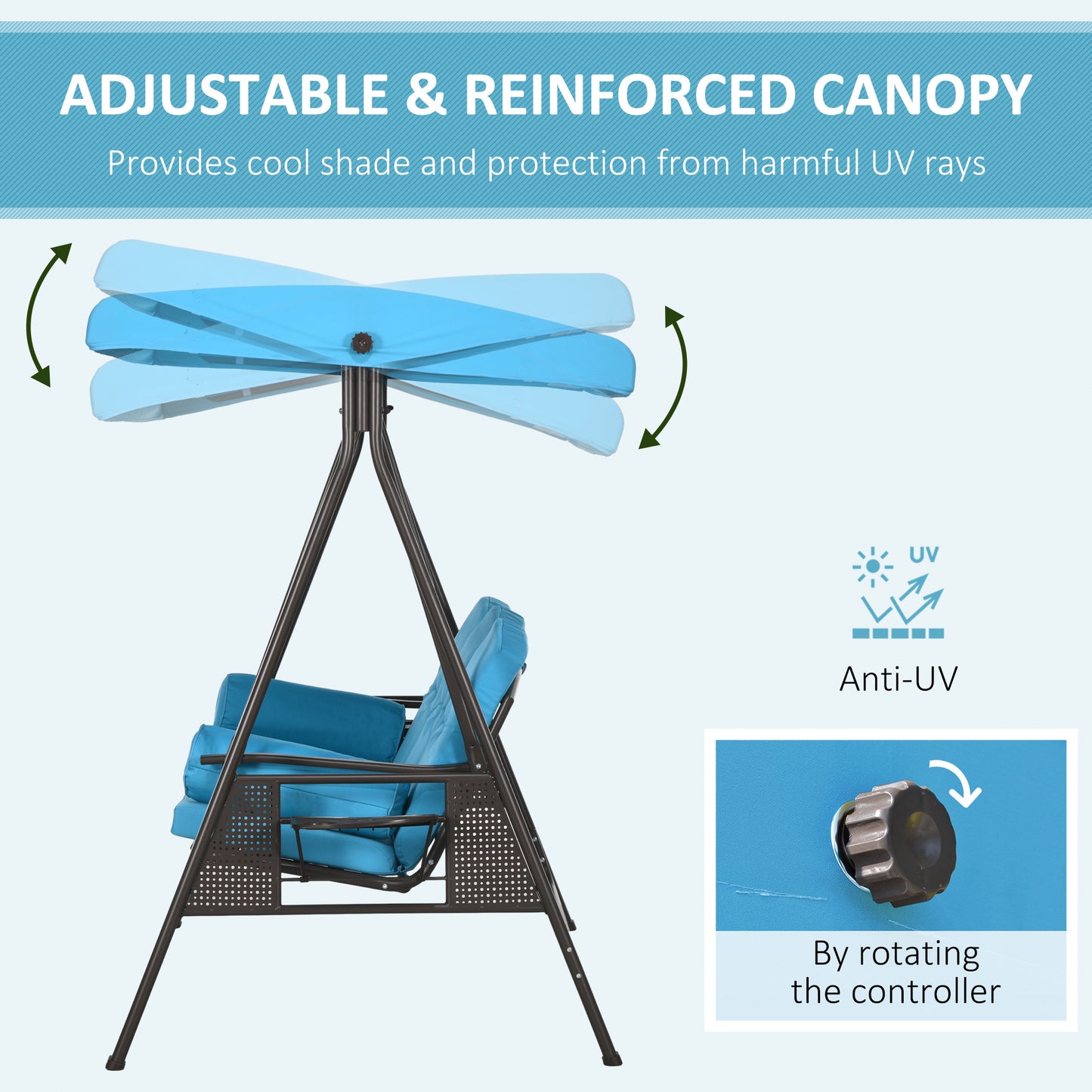 Outdoor Patio 3-Person Steel Canopy Cushioned Seat Bench Swing with Included Side Trays & Padded Comfort, Light Blue