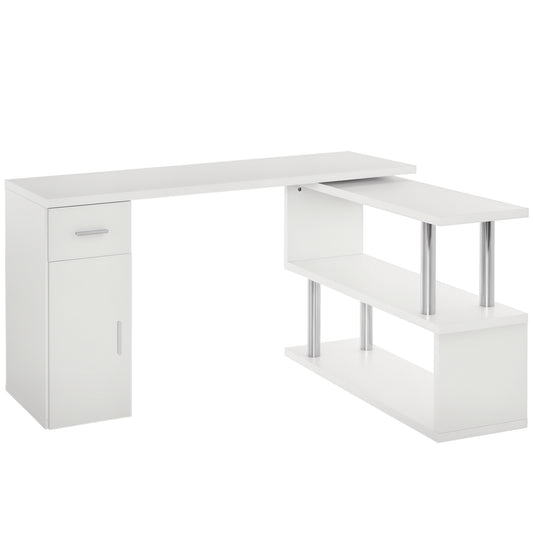 L-Shaped Rotating Computer Desk Home Office Study Workstation with Storage Shelves, Cabinet and Drawer for Home & Office, White