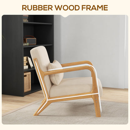 Fabric Lounge Chair, Velvet Armchair, Retro Accent Chair with Wood Legs and Thick Padding for Bedroom, Beige