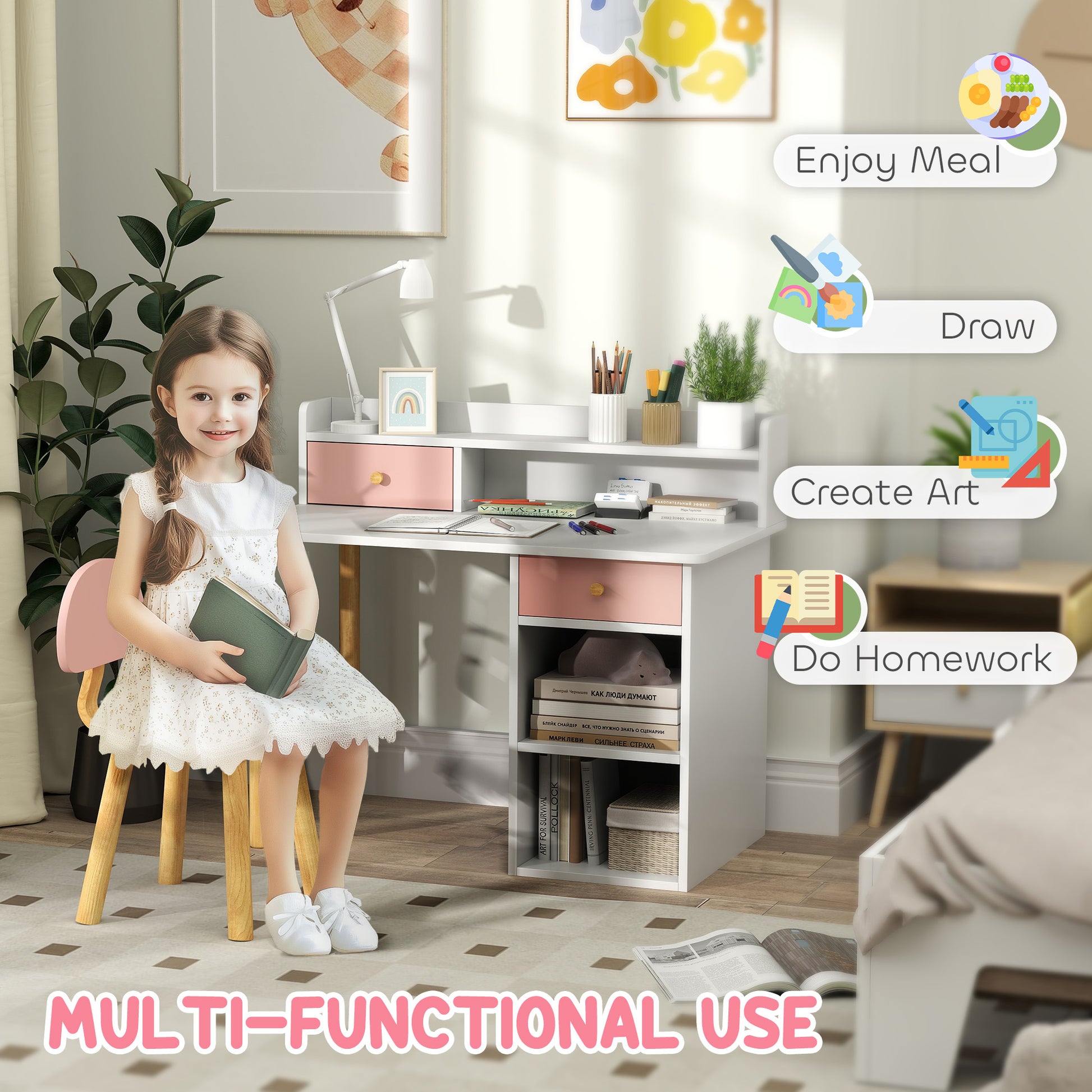 Qaba Kids Study Table and Chair Set, Kids Desk and Chair Set w/ Storage and Shelves, for 3-8 Year Old, Pink