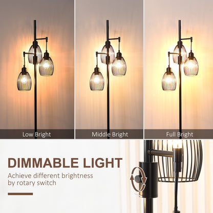 Industrial Floor Lamp with 3 Hanging Wire Lampshades, Dimmable Standing Lamp for Living Room, Bedroom, Dining Room, Study, Black