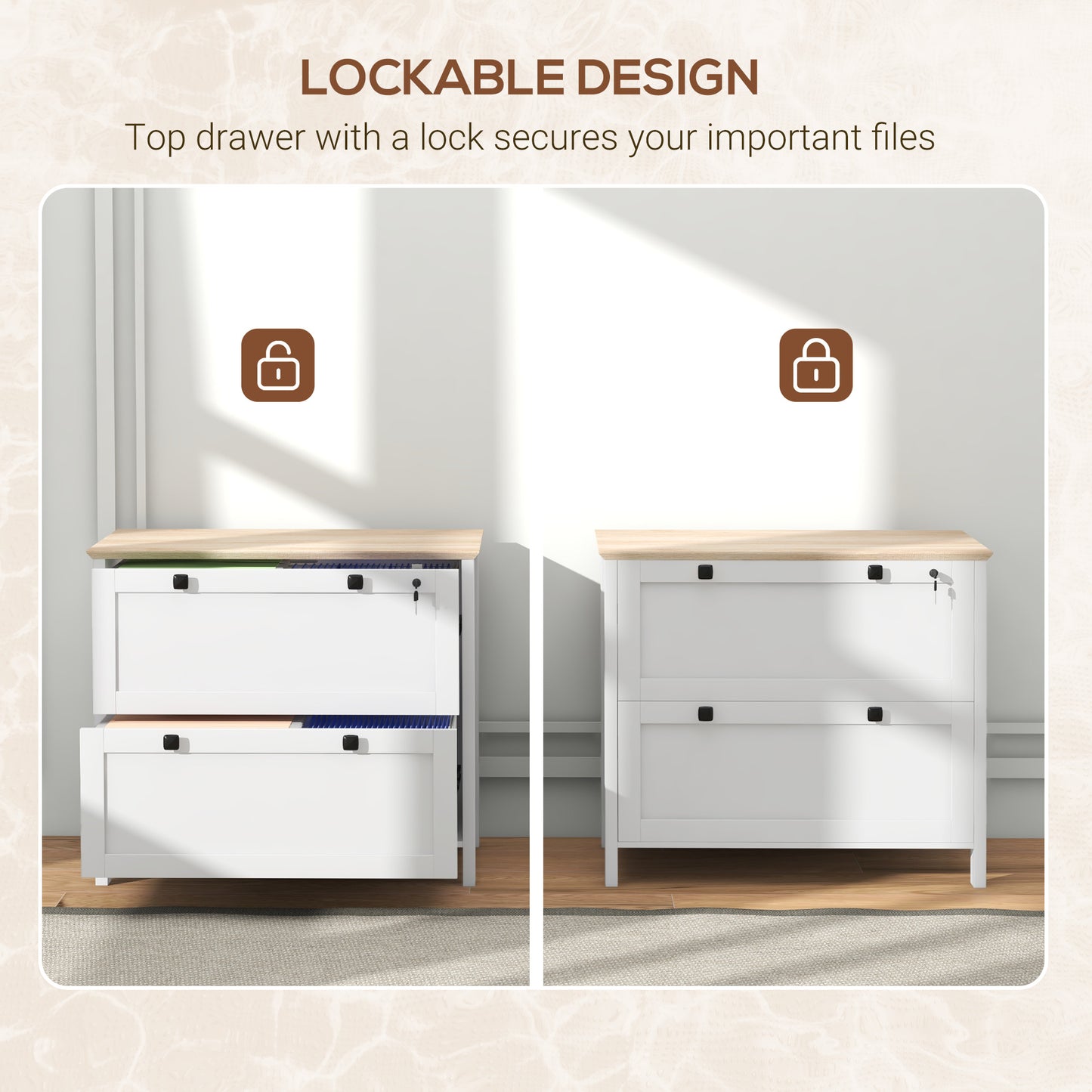 2 Drawer File Cabinet, Lockable Filing Cabinet with Adjustable Hanging Bar for Letter, A4 and Legal Size, White