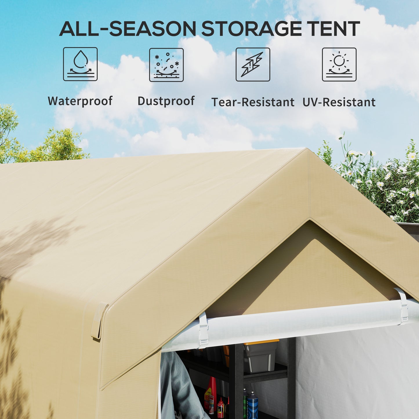 7' x 12' Outdoor Storage Shed Portable Garage with Roll-up Door for Motorcycle, Bike, Garden Tools, Beige